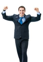 Happy gesturing businessman, isolated