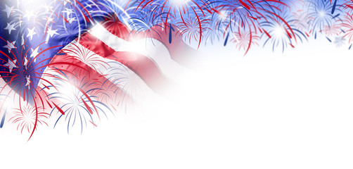 USA flag with fireworks background for 4 july independence day - obrazy, fototapety, plakaty