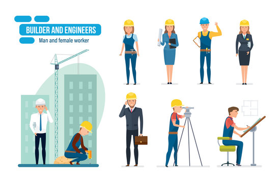 Engineers cartoon set with construction workers, architect, repairman and director.
