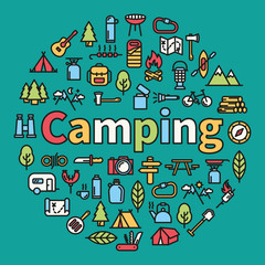 Camping word with icons - vector illustration