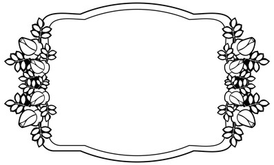 Black and white round frame with stylized roses silhouettes. Vector clip art.