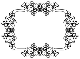 Black and white round frame with stylized roses silhouettes. Vector clip art.