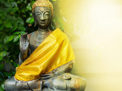 Buddha in natural background and white background on the other side, vintage lighting style