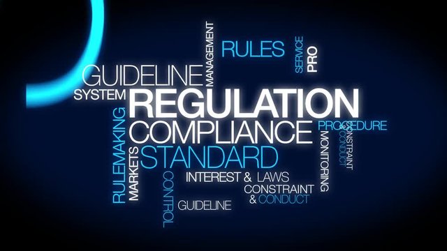 regulation compliance standard rules market protection regulate law constraint policy guideline regulations conduct procedure finance words tag cloud white text blue background