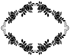 Black and white round frame with stylized roses silhouettes. Vector clip art.