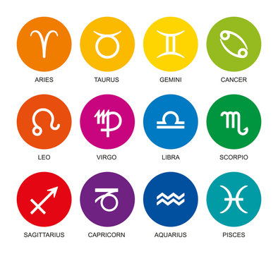 Rainbow colored astrological signs of the zodiac. Twelve circles with star sign symbols in bright colors and their names. Isolated illustration on white background. Vector.