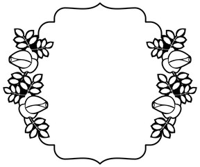 Black and white round frame with stylized roses silhouettes. Vector clip art.