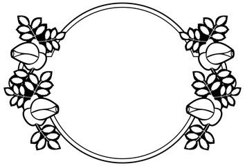 Black and white round frame with stylized roses silhouettes. Vector clip art.