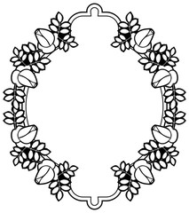 Black and white round frame with stylized roses silhouettes. Vector clip art.