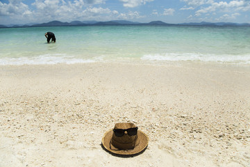 Sandy beach, mountain.