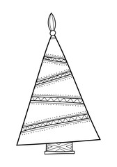 Christmas tree with decorative patterns. Black and white illustration for coloring book, pages