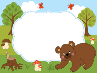 Obraz na płótnie Canvas Vector Card Template with a Cute Bear, Butterflies, Mushrooms and Trees on Forest Background. 
