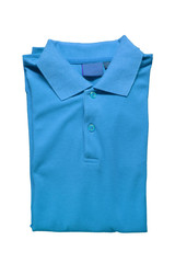 Top view of blue polo shirt on a white background
