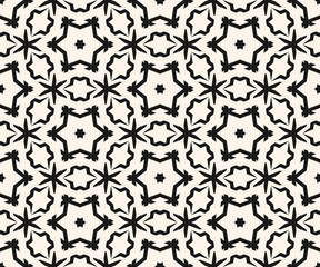 Vector ornamental seamless pattern, abstract monochrome linear texture, geometric floral figures, stars. Stylish ornament background, repeat tiles. Dark delicate design for prints, decor, digital, web