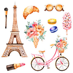 Watercolor illustration. Watercolor illustration Paris style. Handpainted texture with bouquet,sunglasses, cosmetics, bicycle ,macaroons,Eiffel tower.Perfect for you project,wallpaper,print,wedding © katerinas39