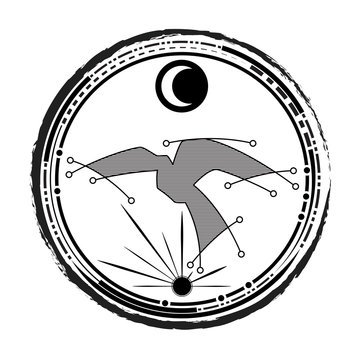 tattoo line style illustration of abstract bird and star create shape set inside circle with star sun and moon, for freedom feeling and life for tomorrow.