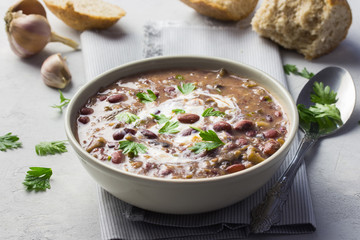 Creamy bean soup with mushrooms and garlic. 