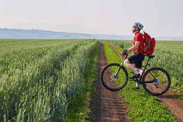 Young cyclist rides on the road in a field on a bright sunny day in the countryside.