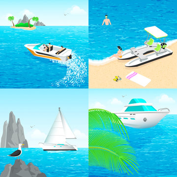 Boats catamaran and sailing yacht on the beach, summer scenery places for outdoor activities