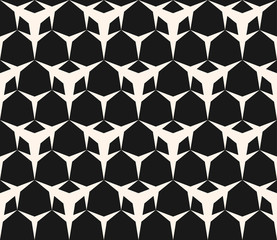 Vector monochrome texture, seamless pattern with simple sharped geometric figures, triangular shapes, hexagonal geometrical lattice. Repeat abstract background. Dark design for covers, digital, web