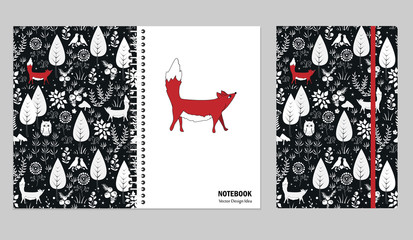 Cover design for notebooks or scrapbooks with doodle forest and cute fox. Vector illustration.