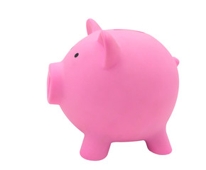 Side view of pink piggy bank made from plastic isolated