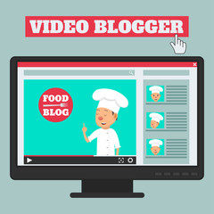 Food blog. Video blogger concept. Male blogger channel. Computer screen with video player. Vector illustration in flat style