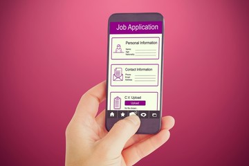 Composite image of female hand holding a smartphone