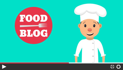 Food blog. Video blogger concept. Male blogger channel. Computer screen with video player. Vector illustration in flat style