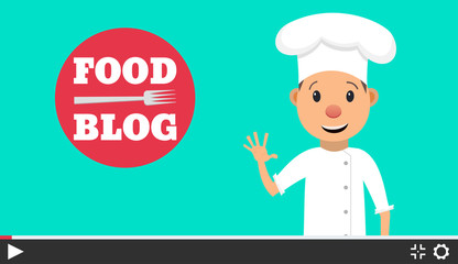 Food blog. Video blogger concept. Male blogger channel. Computer screen with video player. Vector illustration in flat style