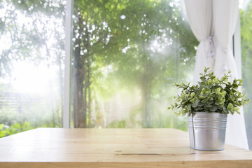 Little tree in aluminium vase on wooden table with clean white curtain and garden background,...