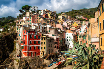 Fototapeta na wymiar Cinque Terre , Italy - Colorful houses on the waterfront above the sea