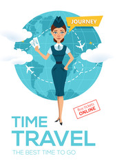 Online flight booking service. Advertising poster, banner. Stewardess keeps air tickets and offers to go on voyage