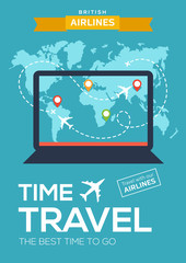Advertising poster, banner of airline. Illustration with laptop, map of world, map markers and flight of airplane