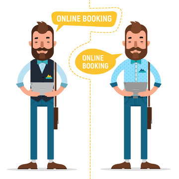 Online Booking. Man with tablet making online order, booking accommodation hostel, booking tickets for concert
