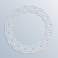 3D round white frame, vignette. Islamic geometric border, bas-relief. Vector muslim, persian motif. Elegant oriental ornament, traditional arabic art. Mosque decoration. Element for greeting cards.