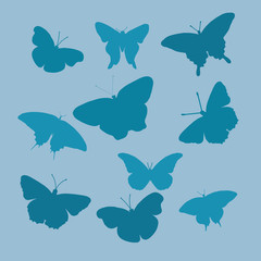 Fototapeta na wymiar Blue silhouettes of butterflies on a gray background. A flat vector image of a silhouette of butterflies. Butterfly logo. Set of elegant butterflies
