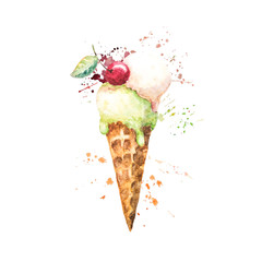 Watercolor ice cream cone with paint splashes. Bright illustration for greeting cards; poster, t-shirts etc.