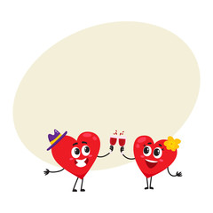Two hearts clinking glasses, celebrating, couple in love concept, cartoon vector illustration with space for text. Funny couple of hearts with glasses, Valentine day, wedding celebration concept