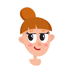 Smiling girl, light brown hair woman head with big eyes, long eyelashes, sholder length brown hair, cartoon vector illustration isolated on white background. Funny cartoon girl, woman head