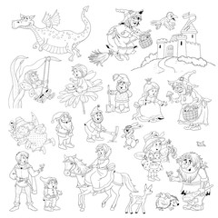 Big collection of fairy tale characters. Fairy tale. Coloring book. Coloring page. Cute and funny cartoon characters