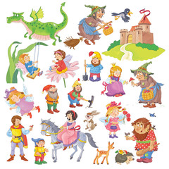 Big collection of fairy tale characters. Fairy tale. Coloring book. Coloring page. Cute and funny cartoon characters