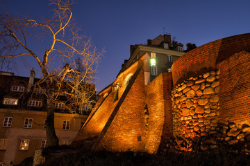 City Wall Fortification at Night in Warsaw