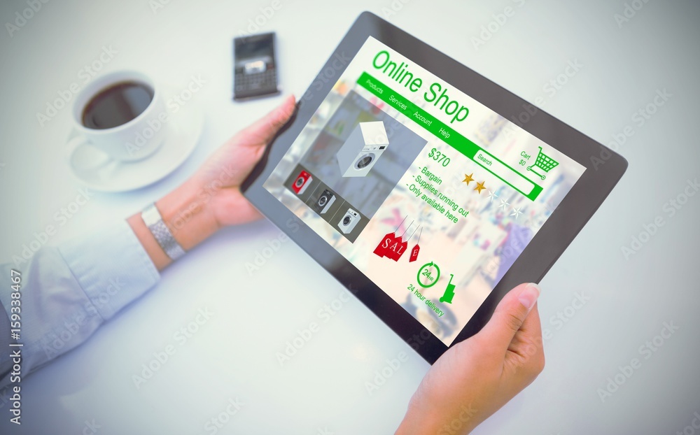 Poster composite image of man using tablet pc