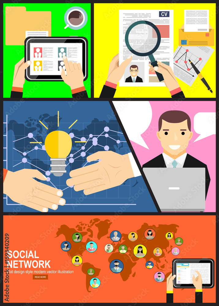 Poster concept of job searching. hand holding loupe. flat design.social network vector concept. flat design