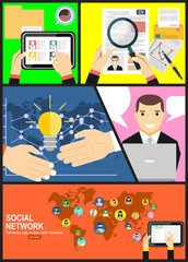 Concept of job searching. Hand holding loupe. Flat design.Social Network Vector Concept. Flat Design Illustration for Web Sites Infographic Design. Communication Systems and Technologies