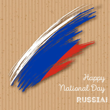 Russia Independence Day Patriotic Design. Expressive Brush Stroke in National Flag Colors on kraft paper background. Happy Independence Day Russia Vector Greeting Card.