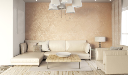Mock up wall in interior with  sofa. living room modern style. 3d illustration
