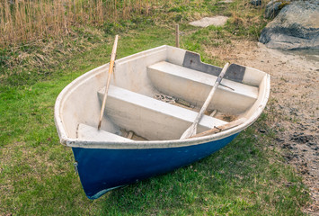 Rowing boat on grass near beach