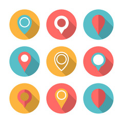 Map pointer circle icon set with long shadow. Flat design style. Map pointer simple silhouette. Modern, minimalist, round icon in stylish colors. Web site page and mobile app design vector element.